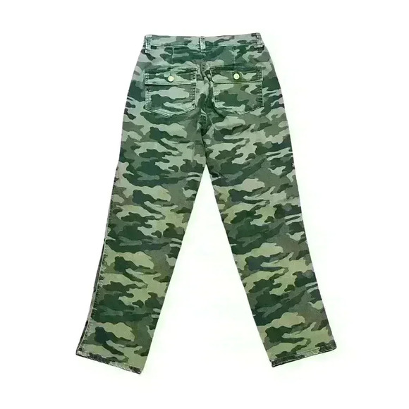 Woman's High Rise, Straight Leg Green Camo Pant, Pockets. Stretch Zip - Picture 2 of 3